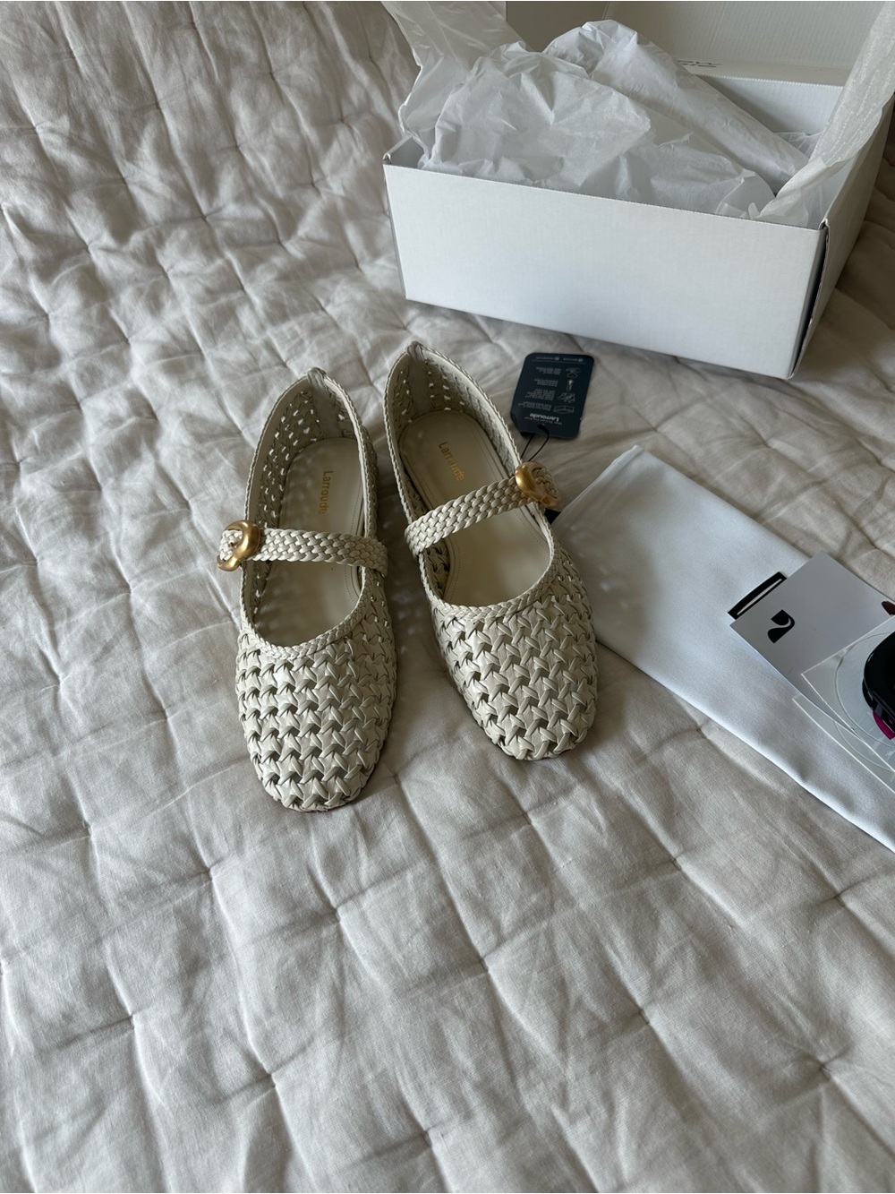 Larroude Woven Mary Jane Flats in Cream with Gold Buckle